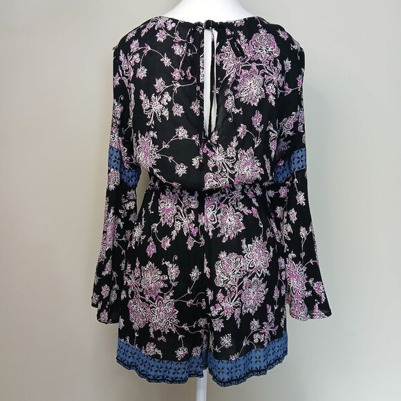 Whimsigoth Flowy Bohemian Bell Sleeve Floral Romper Black Size Medium - Picture 5 of 8